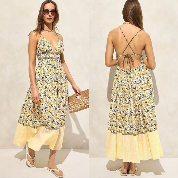 NWT J CREW Cotton voile plunge maxi dress in daffodil daze block print in yellow - Picture 1 of 7